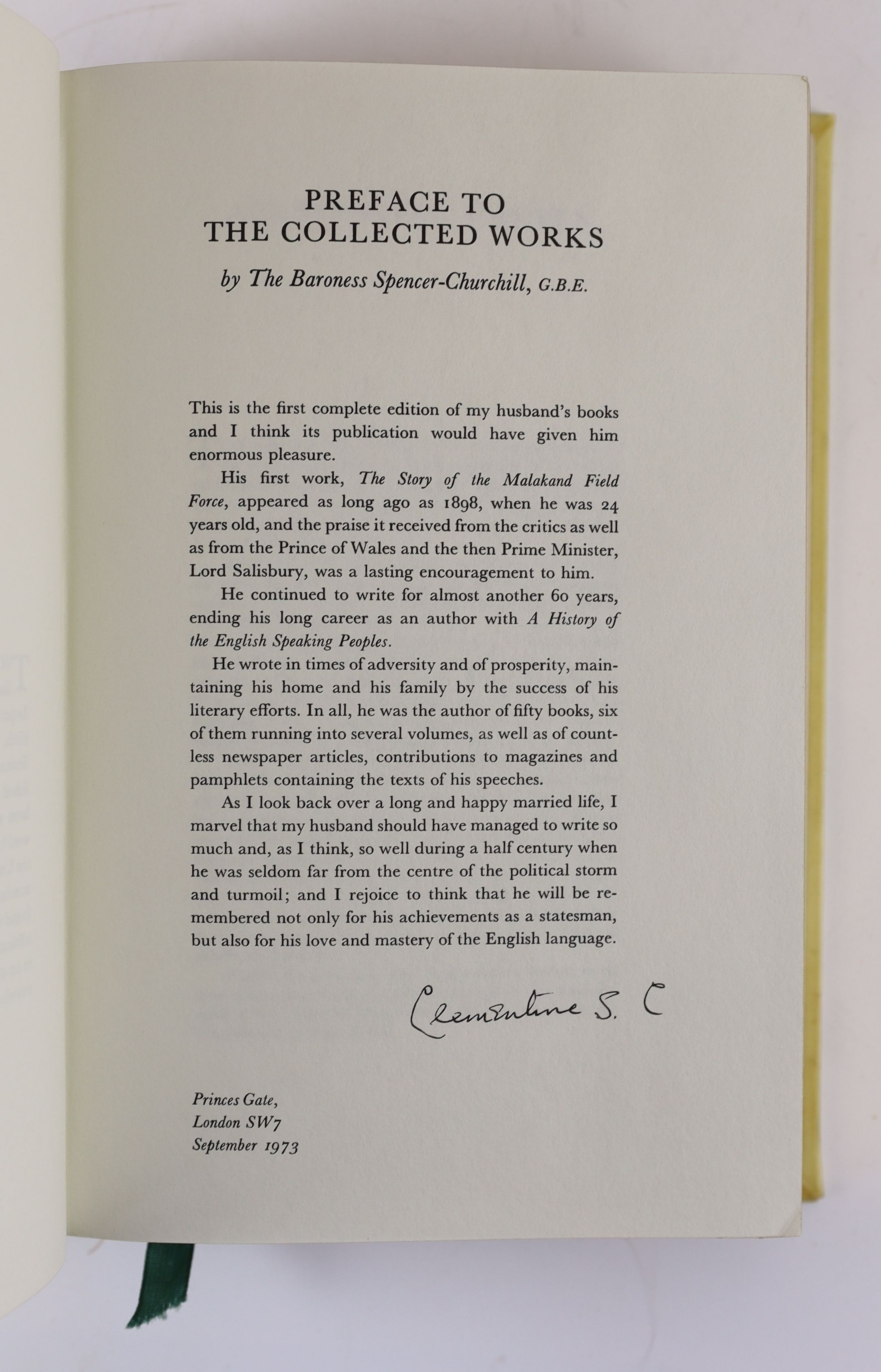 Churchill, Winston Spencer (1874-1965). The Collected Works ... Centenary Edition. London: Library of Imperial History, 1973-1975. Limited edition, number 373. The centenary edition was to be published with a limitation